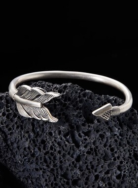 【箭羽】开口手镯男原创设计潮个性创意纯银手环情人单身羽毛足银