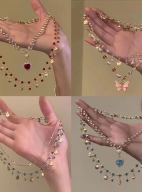 小红书爆款颈链超仙锆石镶嵌精致时尚叠搭双层项链闺蜜礼物批发