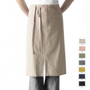 简约文艺棉麻长款 半身围裙奶茶店烘焙餐饮厨房工作服定制logo印字