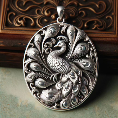 龙年新款 孔雀开屏999纯银男女吊坠项链复古足泰银平安无事牌银牌