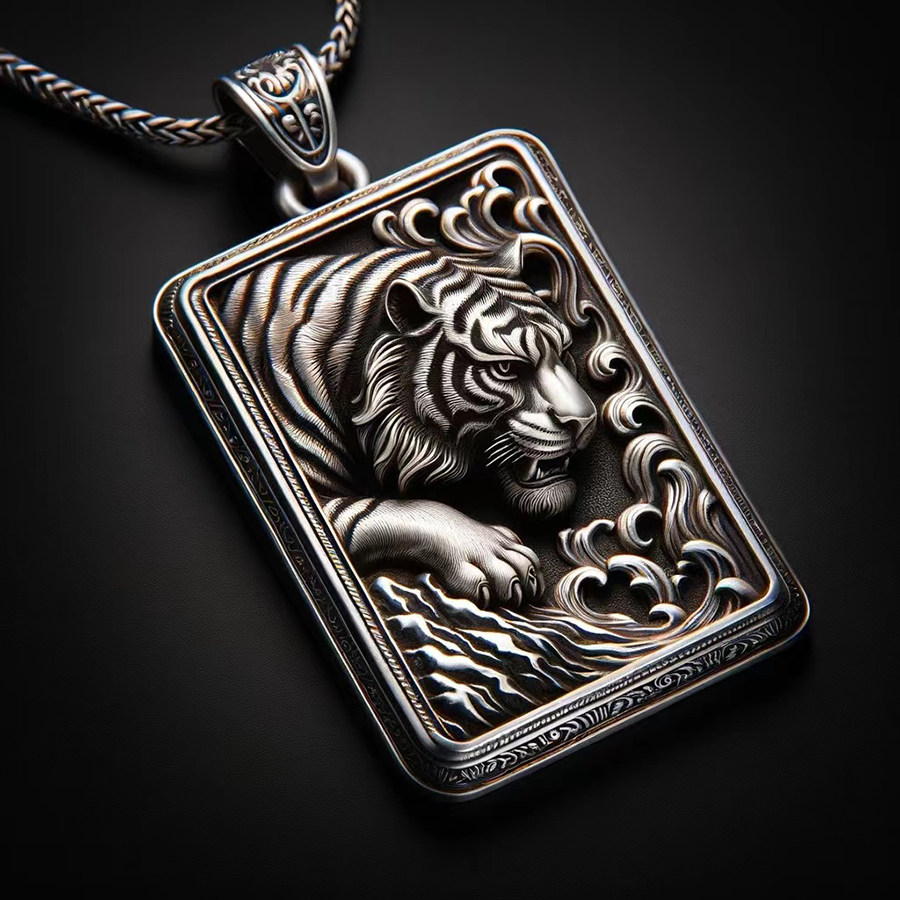 马年新款 猛虎下山999纯银男士吊坠项链复古足泰银平安无事牌