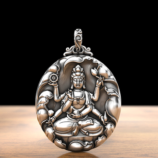 千手观音足银吊坠本命佛纯银项链男霸气银牌法轮观音守护神守护神