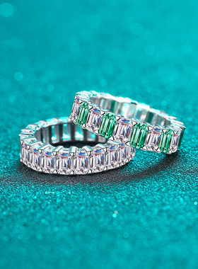 时尚S925纯银手饰女霸气满圈全莫桑钻戒指绿白相间戒指穿搭配饰