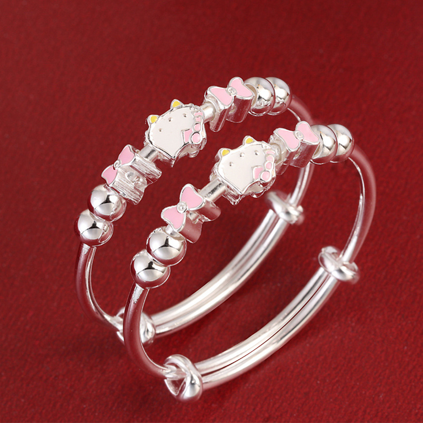 0到6岁9999足银卡通小猫咪宝宝婴儿手镯小女孩周岁满月礼纯银镯子