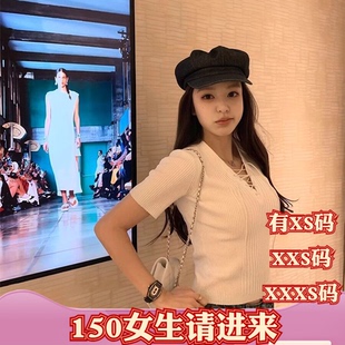 155小个子显高夏装 加小码 XXXS号V领交叉绑带针织衫 收腰 150cm女装