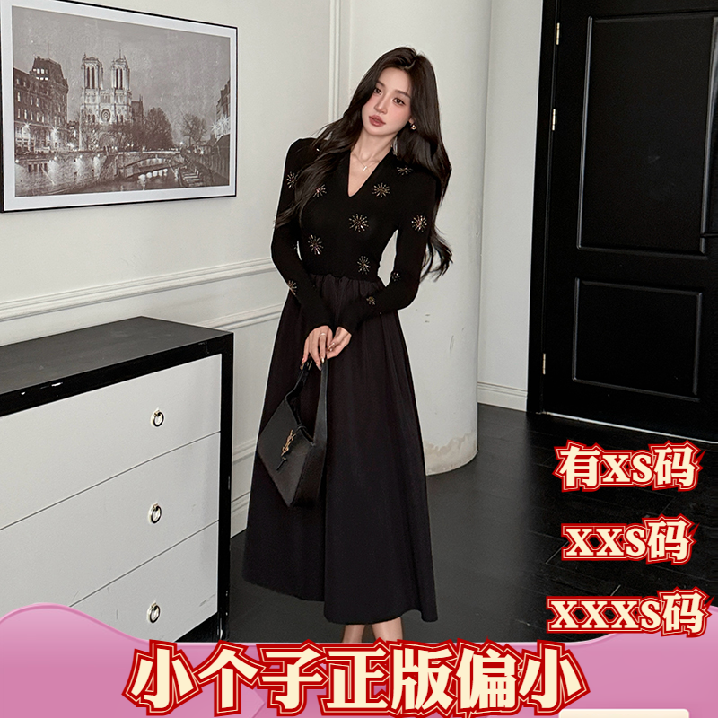 加小码冬装女装显高150cmXXXS小个子烫钻长袖时尚百搭修身连衣裙