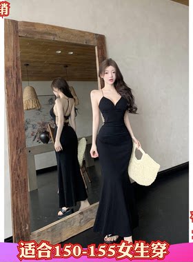 新款秋季150cm矮个子小个子XXS性感蝴蝶结小挂脖V领连衣裙女