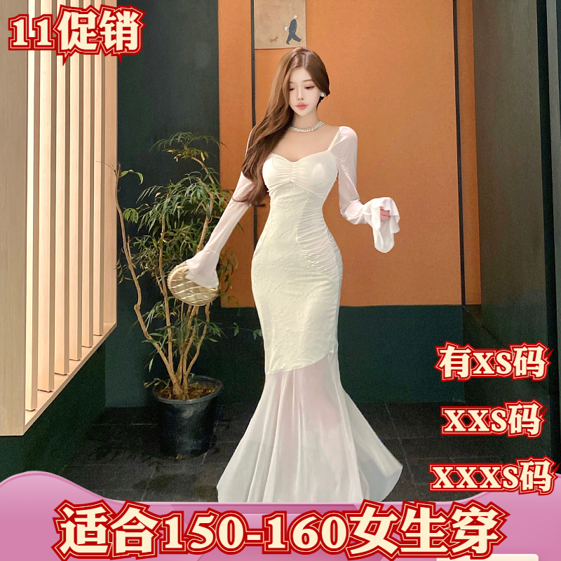 加小码XXXS女装秋季150cm显高小个子蕾丝拼接连衣裙网纱鱼尾礼服