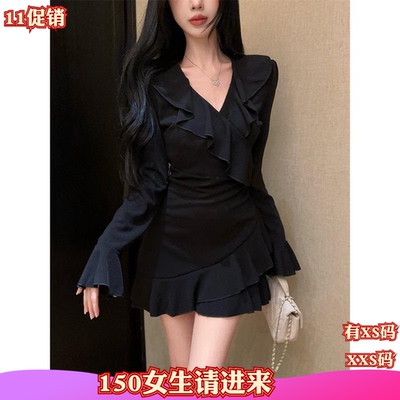 女装秋装矮个子150cm新款加小码XXS纯欲风性感V领长袖时尚连衣裙