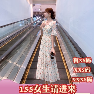 女装 小个子加小码 XXXS显高150cm碎花连衣裙v领过膝雪纺裙时尚 夏装