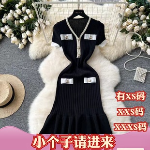 XXXS显高加小码 针织拼色连衣裙V领收腰荷叶边 女装 150cm小个子夏装