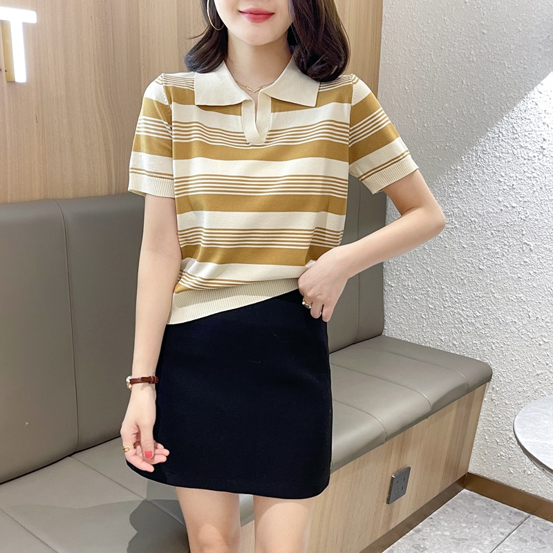 短袖条纹撞色薄T恤女休闲POLO衫