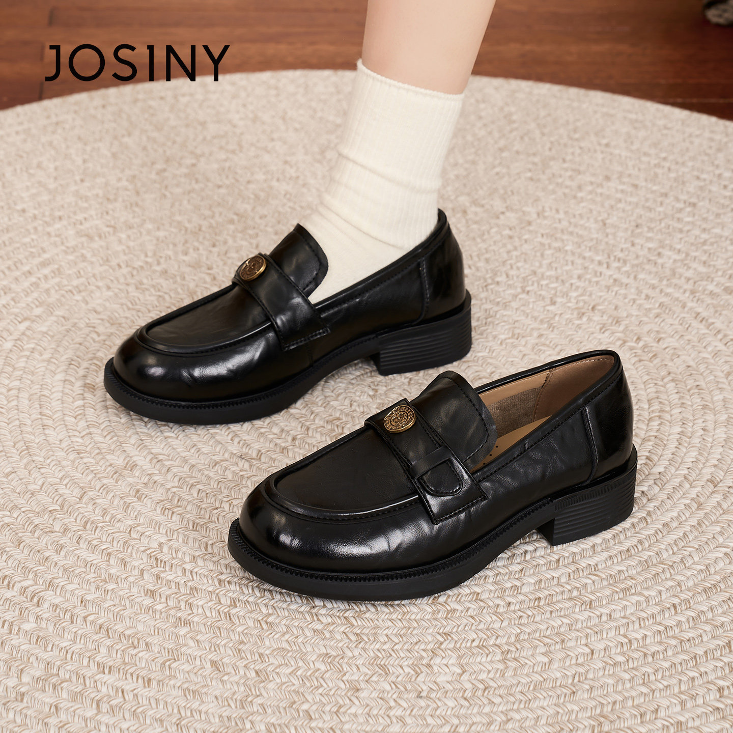 卓诗尼2026春季新款粗跟小皮鞋时尚舒适复古单鞋潮流复古乐福鞋女