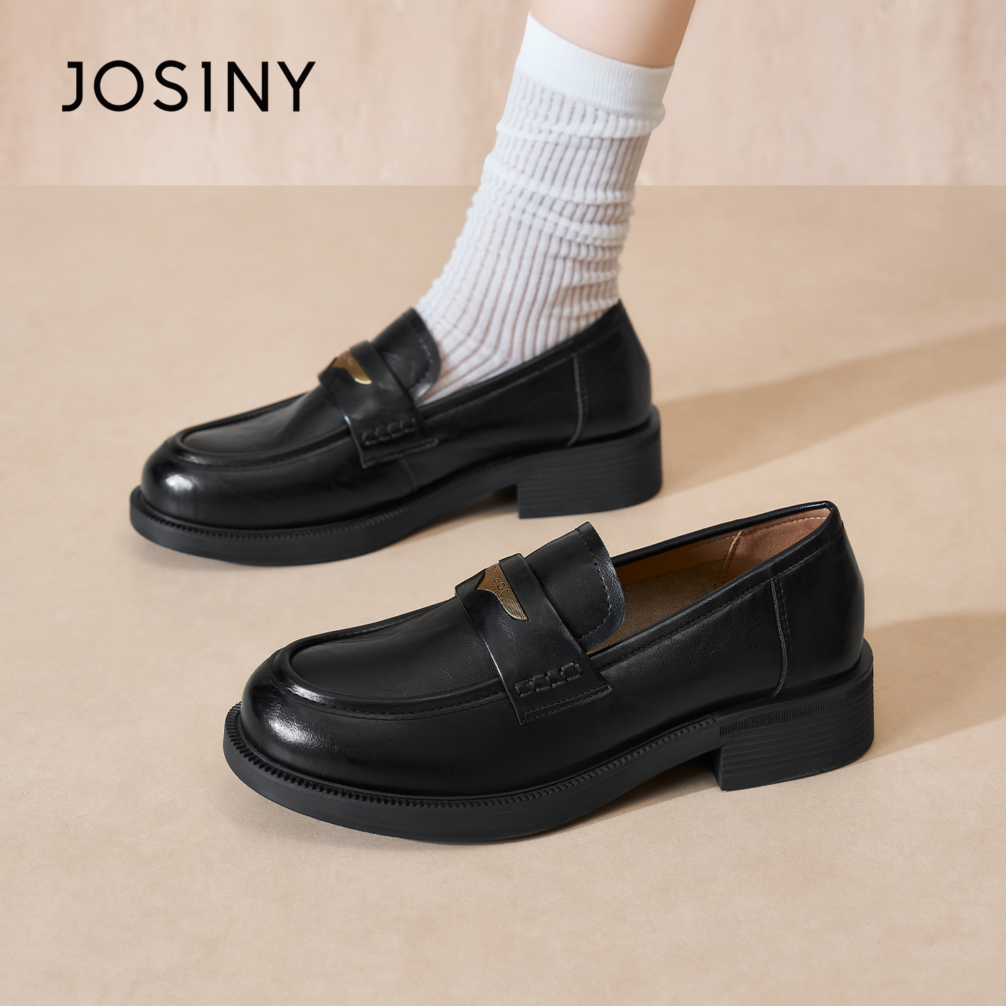 卓诗尼2026春季新款粗跟单鞋时尚英伦风小皮鞋潮流舒适复古乐福鞋