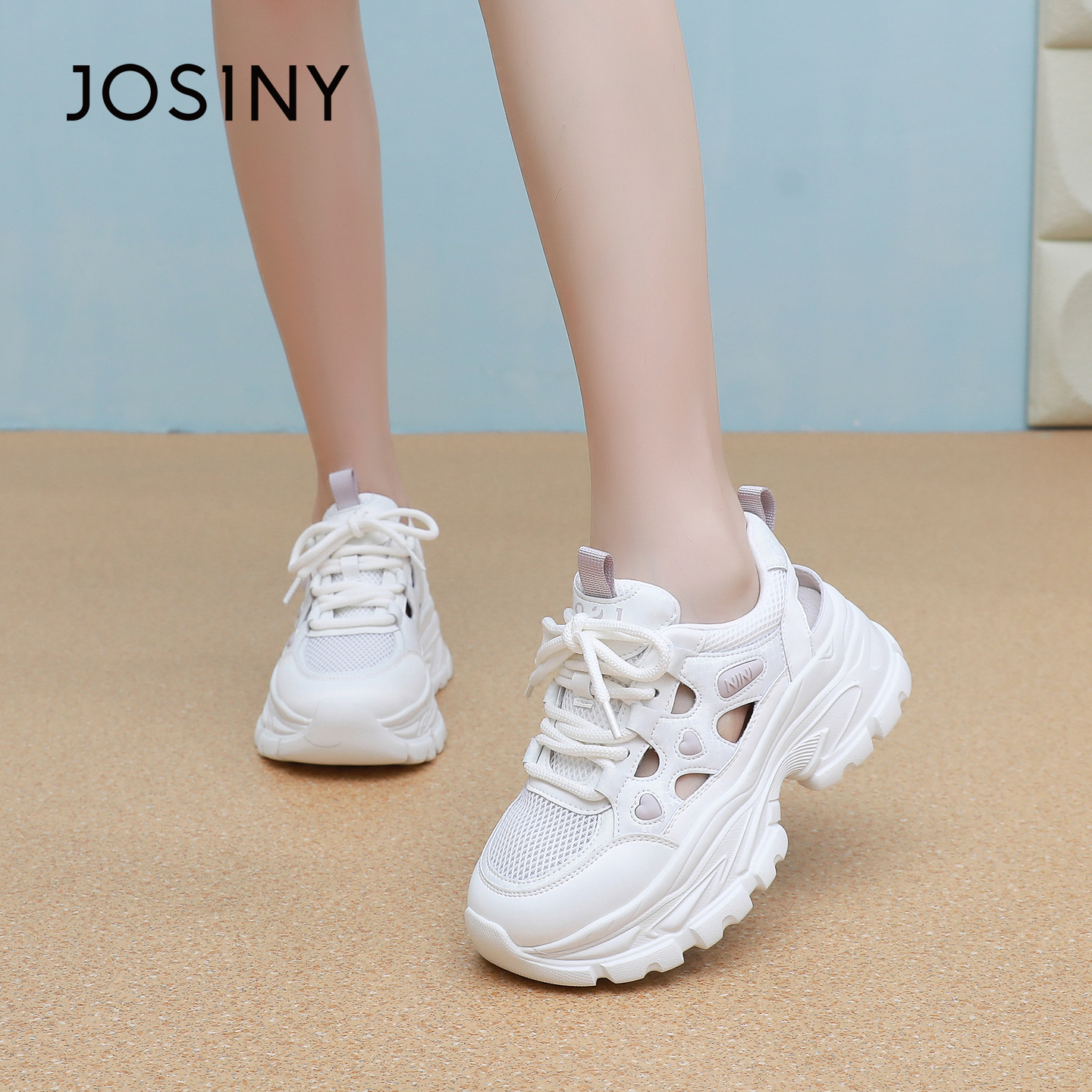 卓诗尼2025夏季新款厚底小白鞋时尚舒适运动休闲鞋潮流网面老爹鞋