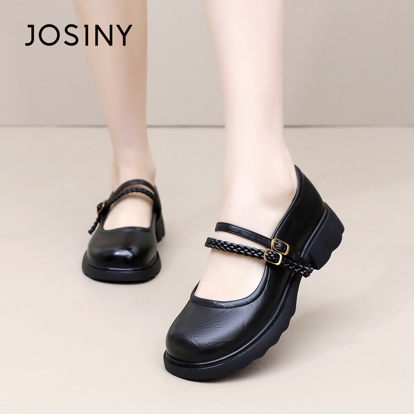 卓诗尼2026春季新款粗跟小皮鞋时尚舒适学院鞋软底一字扣带单鞋女