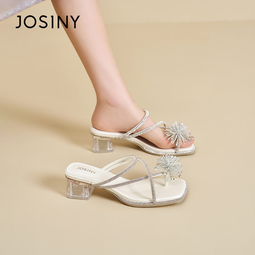 卓诗尼凉拖鞋女2026夏季新款水钻粗跟夹趾水晶跟仙女风配裙子凉鞋