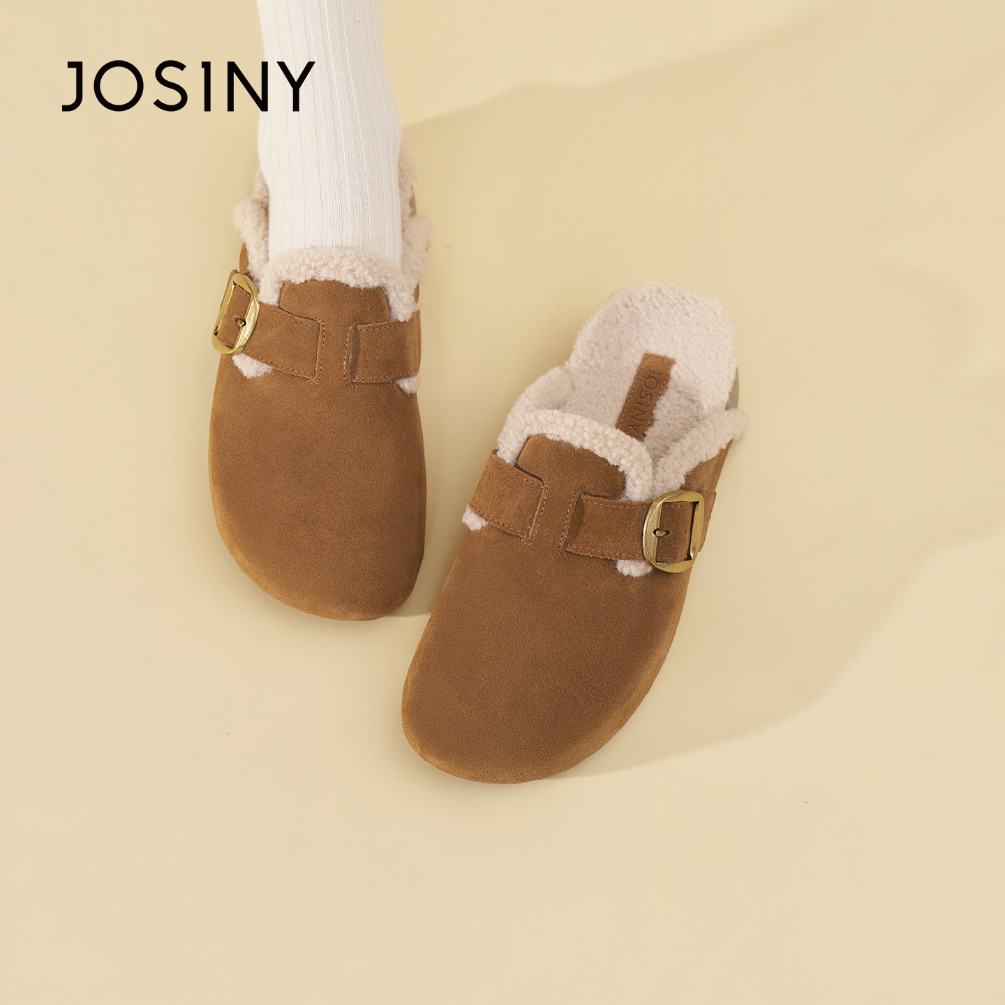 卓诗尼2025秋冬新款厚底半拖鞋时尚舒适休闲毛毛鞋潮流百搭勃肯鞋