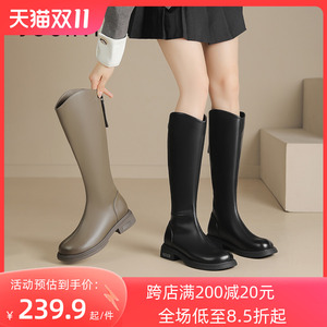 卓诗尼2023冬季新款粗跟长筒靴时尚舒适气质女靴潮流后拉链骑士靴