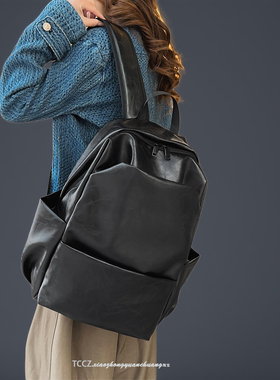 复古软皮质双肩包女2025新款简约电脑学生书包大容量旅游通勤背包