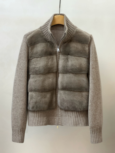 2025新款老钱风羊绒羊毛针织拼接水貂外套女短款进口皮草开衫上衣