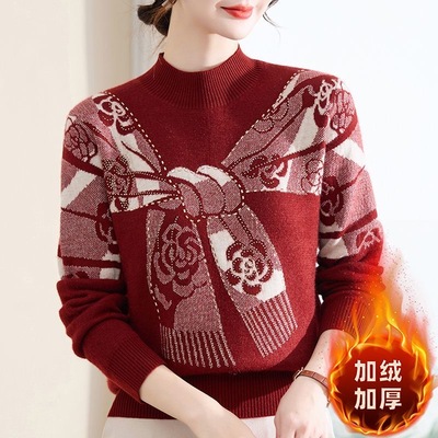 中老年女装加绒加厚妈妈毛衣秋冬新款假两件针织衫中老年羊毛衫女