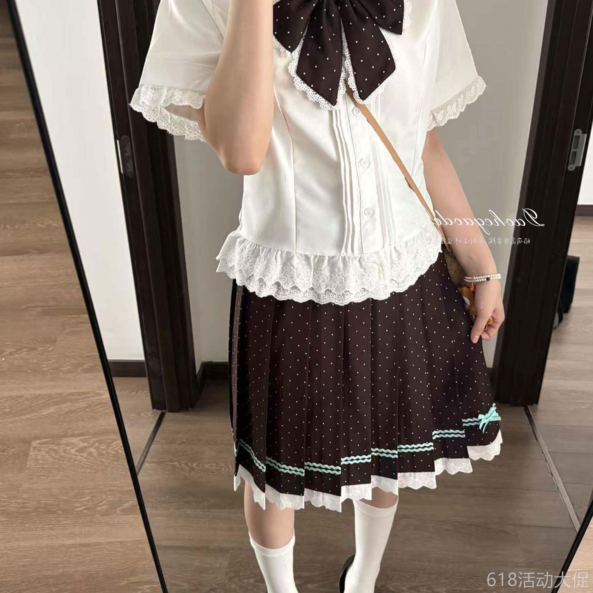 稻荷高等学院日系波点半身裙女蝴蝶结花边中裙套装甜美软妹少女感