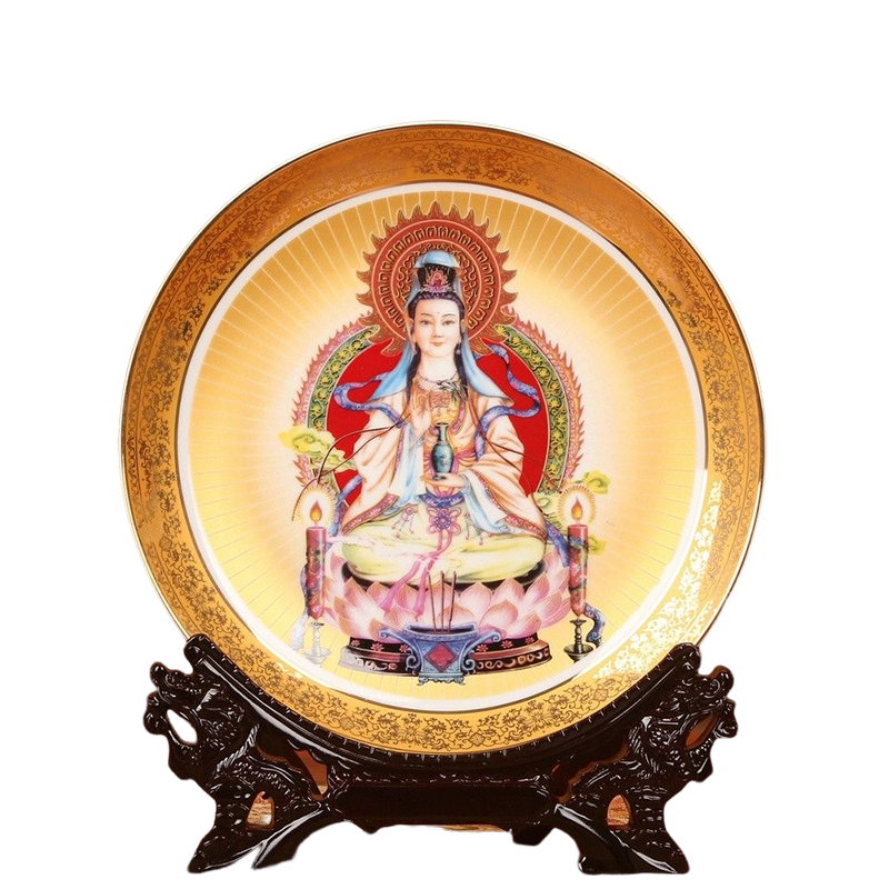 描金边观音佛像传统供奉挂盘