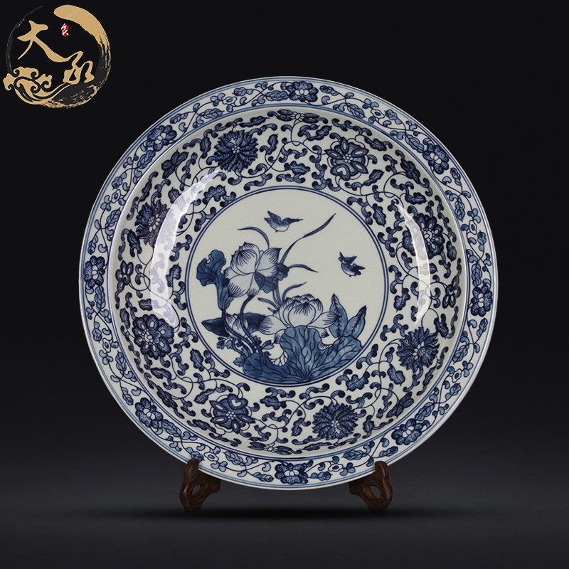景德镇青花缠枝莲荷花花鸟赏盘 中式古典家居装饰瓷盘工艺摆件设