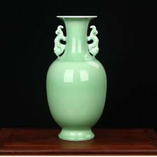 现代家居客厅时尚 装 豆青花双耳莲子花瓶 景德镇陶瓷器 饰品摆件设