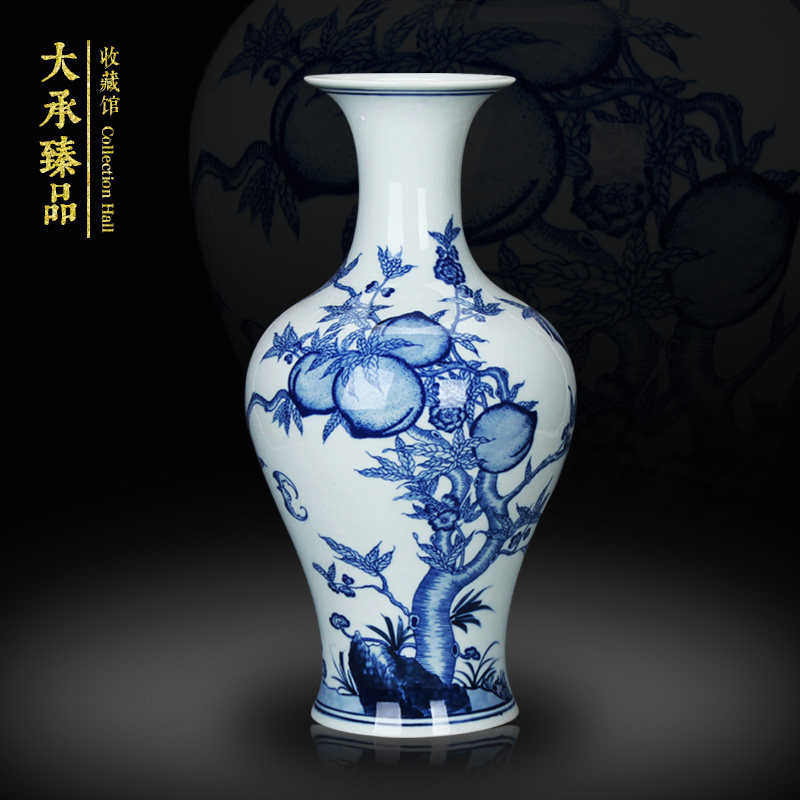 景德镇陶瓷器仿古青花手绘寿桃观音花瓶中式古典书房老人祝寿摆件