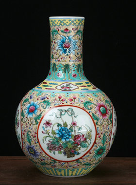 景德镇陶瓷器花瓶 仿古手绘珐琅彩粉彩四面开坛花鸟天球花瓶摆件