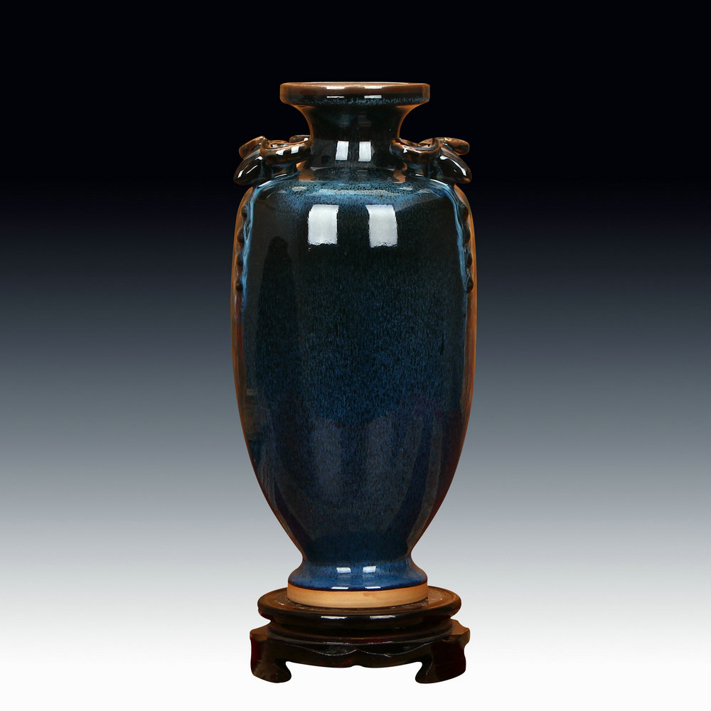 景德镇陶瓷花瓶 钧瓷仿古官窑变黑三羊尊花瓶 现代装饰工艺品摆件