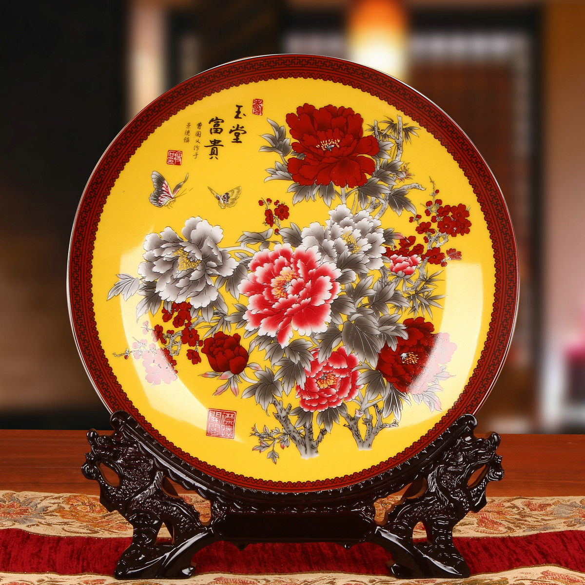JINGDEZHEN 도자기 노란색 배경 옥 홀 풍부한 모란 접시 교수형 접시 꽃 접시 중국 스타일 가정용 가구