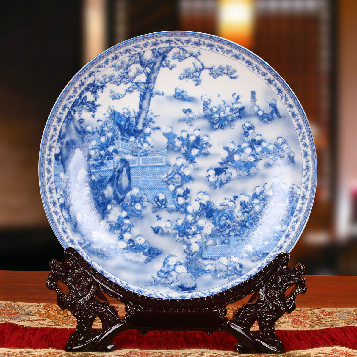 景德镇陶瓷器 青花百子图童子坐盘子 挂盘 花盘 中式家居工艺摆件
