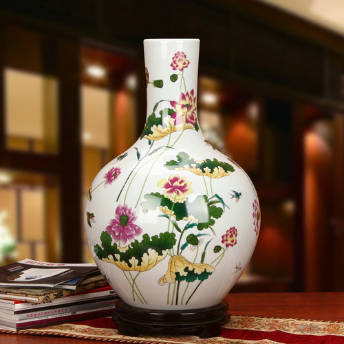 景德镇陶瓷器 粉彩荷花天球落地大花瓶 现代田园家居工艺摆件设