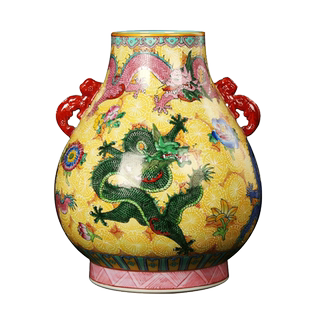 景德镇陶瓷器 仿古本金珐琅花双耳五龙福筒花瓶 现代家居收藏摆件