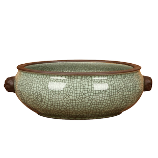 景德镇陶瓷仿古官窑裂纹双耳狮头乌龟缸鱼缸水浅花盆古典家居摆件