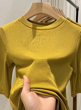 冰丝针织衫短袖T恤女夏显瘦圆领中袖女士精品女装时尚大气潮