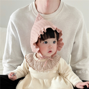 女童精灵帽秋冬薄款针织帽子女孩宫廷帽女宝宝木耳花边护耳公主帽