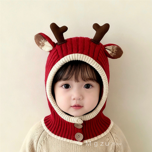 宝宝帽子冬季男女保暖防风鹿角儿童法拉帽男女童护耳帽围脖披肩帽