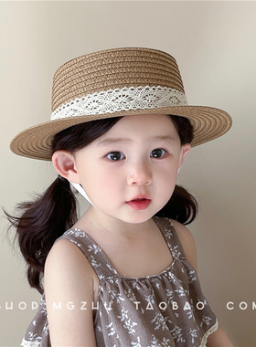 儿童帽子夏季女宝宝韩版蕾丝蝴蝶结宽檐遮阳沙滩防晒帽女童草帽潮