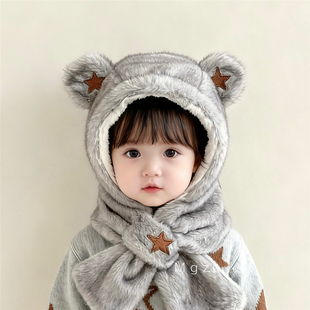 宝宝帽子围巾一体帽冬款加厚男女儿童婴儿毛绒帽男孩围脖护耳帽潮