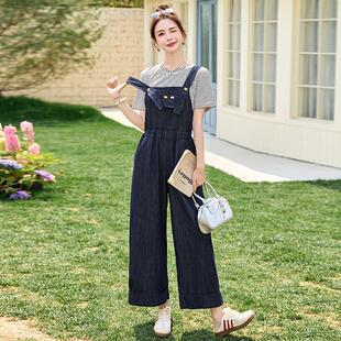 显瘦条纹T恤牛仔背带裤套装女夏装收腰显瘦减龄穿搭一整套连体裤