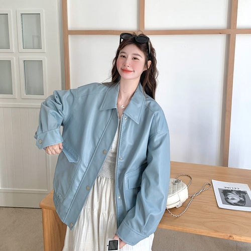 韩系休闲翻领夹克PU皮外套女