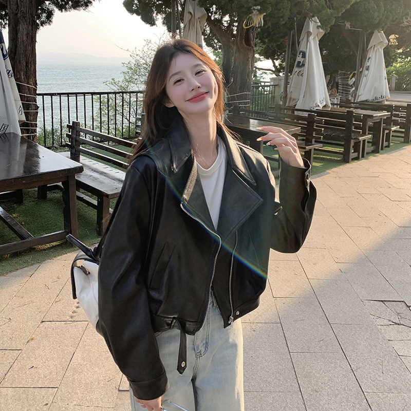 酷飒风黑色皮衣外套女春秋新款小个子插肩袖短款PU机车夹克爆款