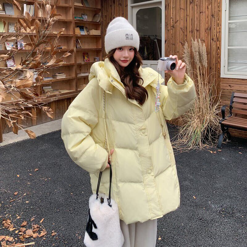 黄色大码胖mm羽绒服女冬季中长款加厚保暖宽松连帽孕妇面包服外套