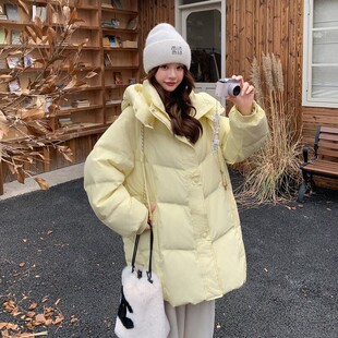 黄色大码胖mm羽绒服女冬季中长款加厚保暖宽松连帽孕妇面包服外套