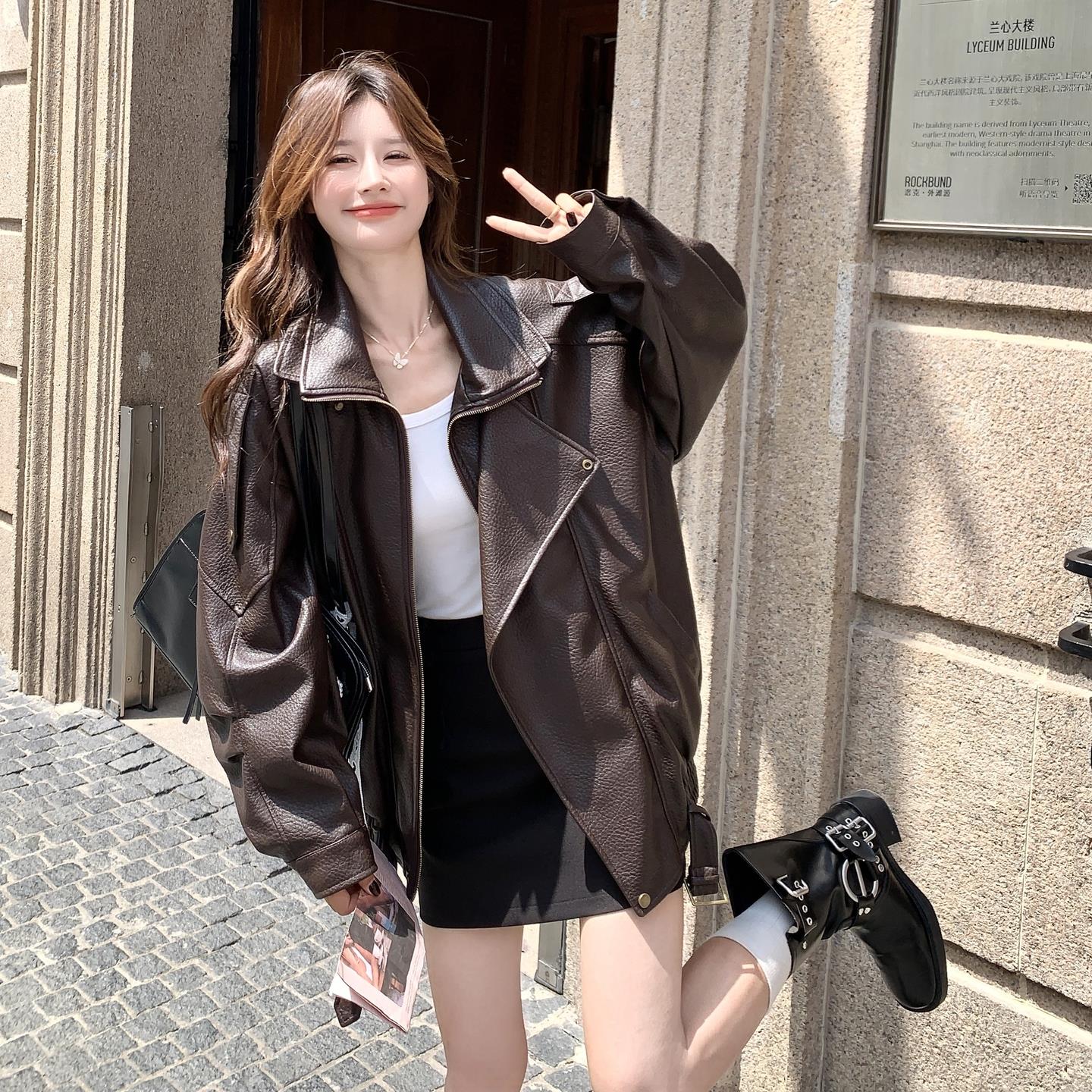 咖色美式高级感炸街甜酷风皮衣外套女2025秋季新款机车范pu皮夹克