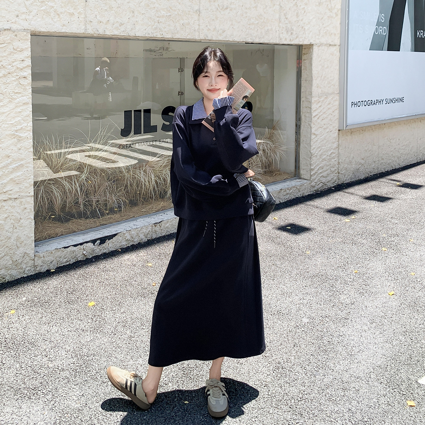 韩系格纹拼接卫衣半身裙套装女